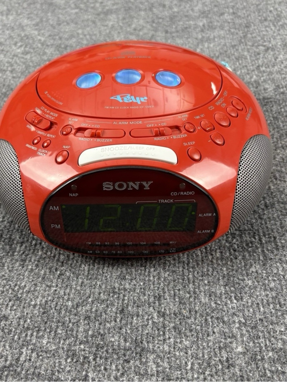 Sony Dream Machine Psyc ICF-CD831 CD Alarm Clock Radio Red Tested Clean Working